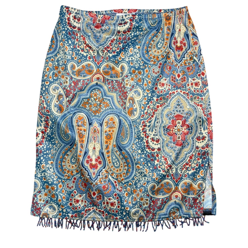 LA MOVERS Vintage Y2K Blue Paisley Beaded Fringe Midi Skirt Womens‎ S Boho 90s